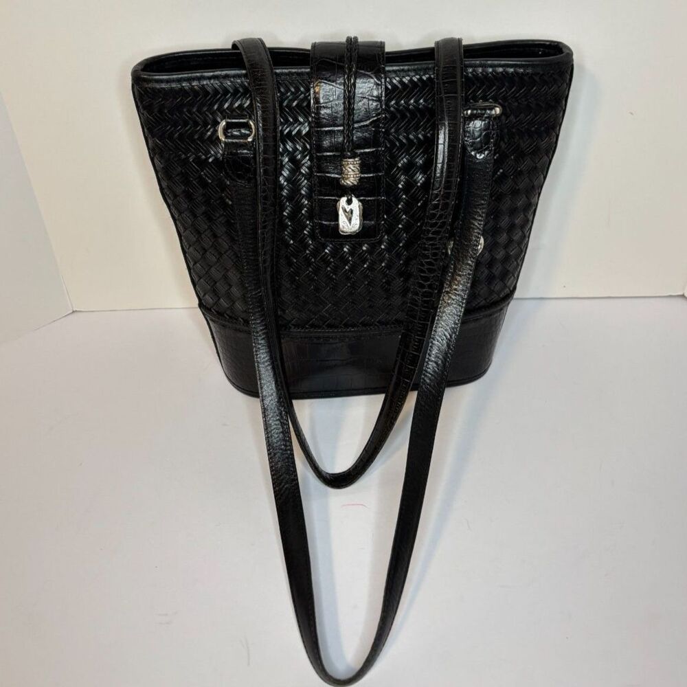 Brighton Becka Black Black Leather Croc Shoulder Bag Purse Designer Charm Style